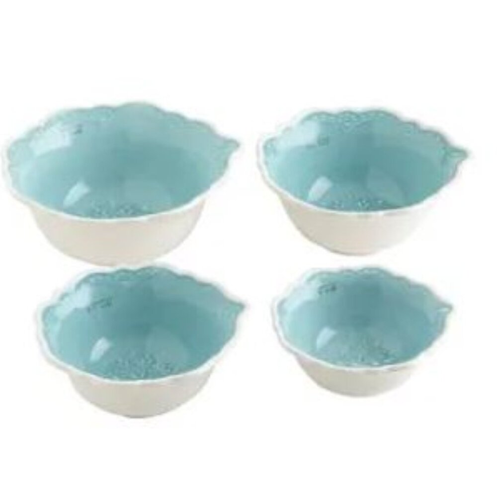 Pier 1 Imports Nesting Measuring Cups/Bowl – Lacy Aqua Blue and White – New